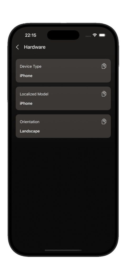 Shizuku Tool - Shizuku Tool hardware information screen showing iPhone model and device orientation
