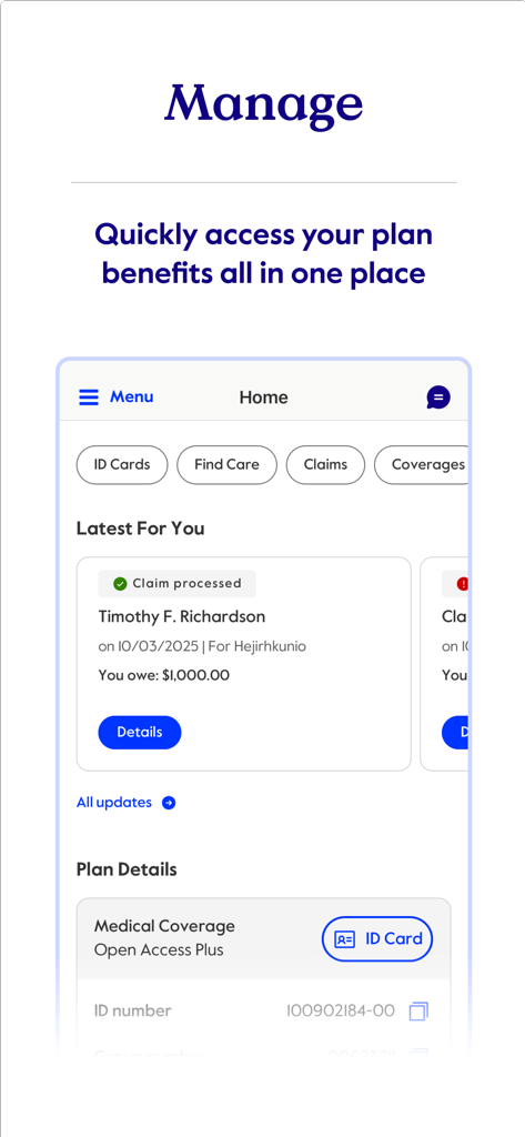 myCigna mobile app dashboard showing health insurance plan details and processed claims