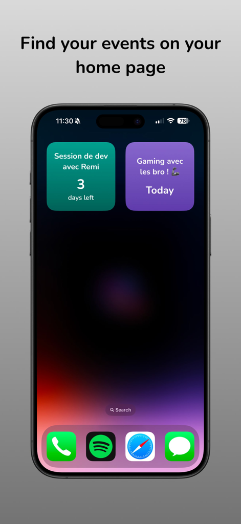 Evently – Event Organizer - Widgets de la aplicación Evently en la pantalla de inicio de un iPhone mostrando recordatorios de próximos eventos.