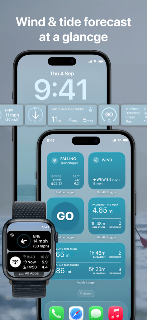 Paddle Logger: SUP & Kayaking - iPhone y Apple Watch mostrando widgets de Paddle Logger para pronósticos de viento, niveles de marea y estadísticas semanales de remo.