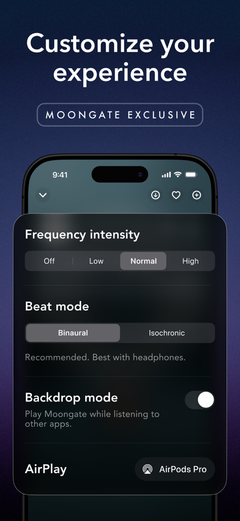Moongate app interface showing customization options for frequency intensity and binaural beat mode settings on an iPhone.