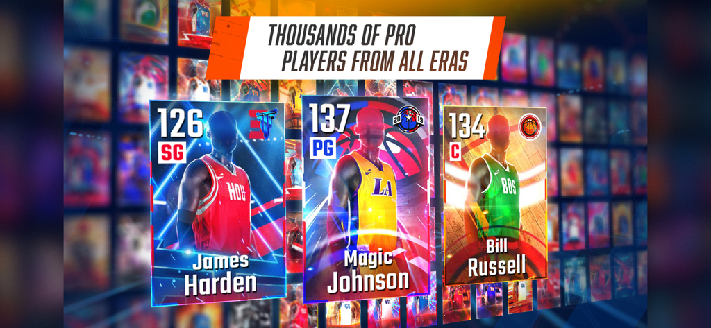 Basketball player cards for James Harden Magic Johnson and Bill Russell from different eras