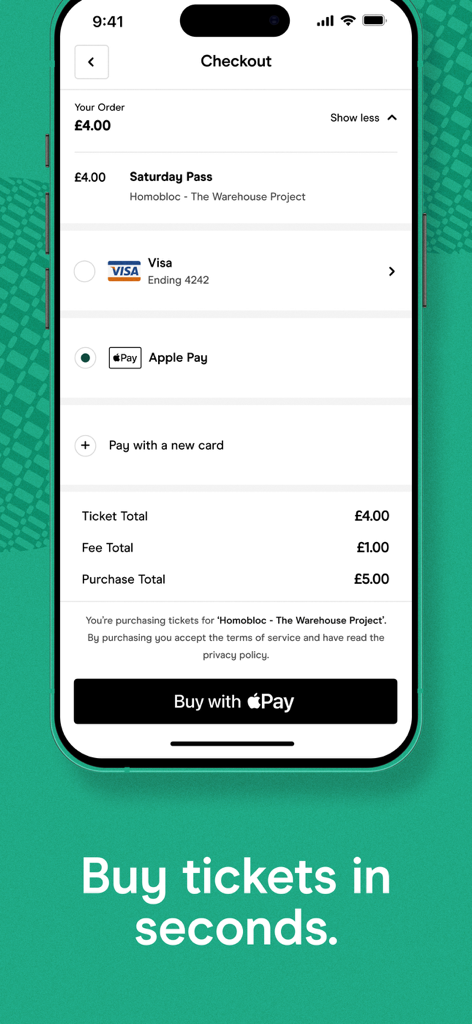 Fatsomaアプリのチェックアウト画面。Apple Payを使用したイベントチケット購入が表示されている。