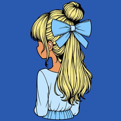 realistic girl  with hip length hair a bun and a big bow on the back of head