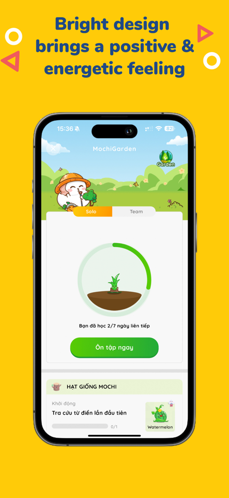 MochiVocab - Learn English - MochiVocab app screenshot showing the bright MochiGarden interface with a cute mascot