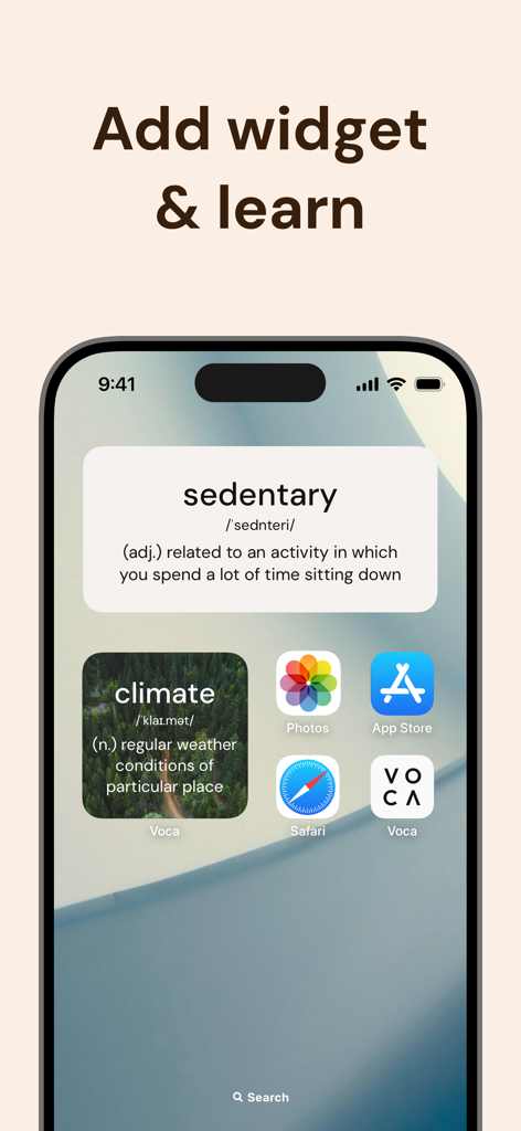 Word of The Day Widget - Voca - iPhone home screen featuring aesthetic vocabulary learning widgets from the Voca app