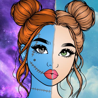 realistic girl with two buns on her hair and lips