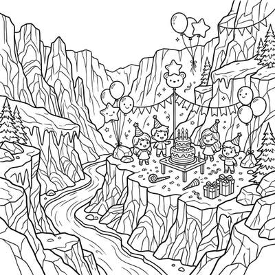 Celebrate a joyous birthday party nestled within the awe-inspiring beauty of glacial canyons. This charming coloring page features festive children, a decorated cake, and balloons, ready for your artistic touch.
