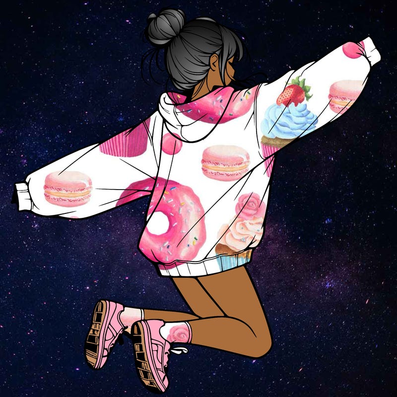 realistic girl jumping with a bun and oversized sweatshirt