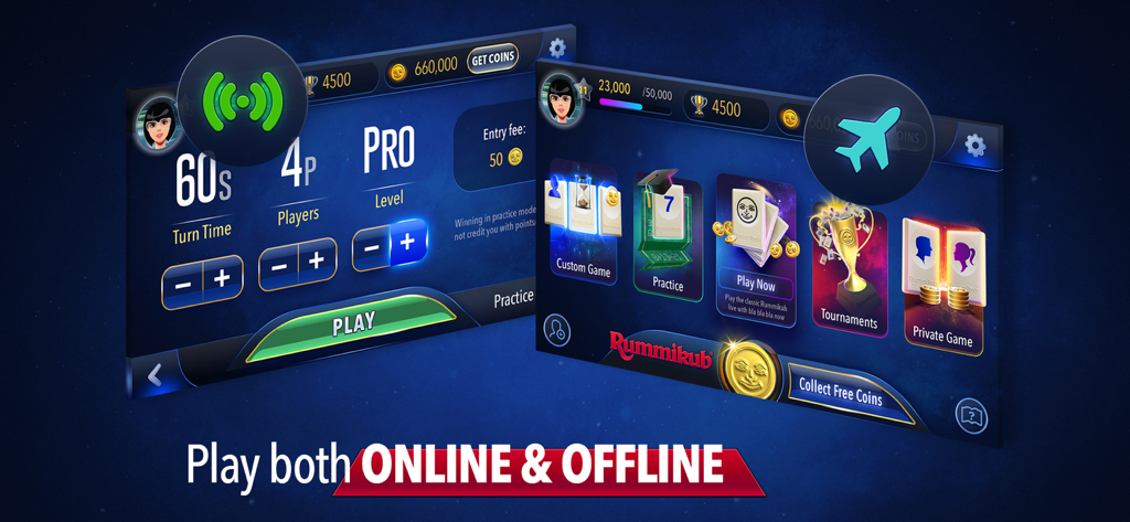 Rummikub app menu displaying online and offline play options with custom and practice game modes