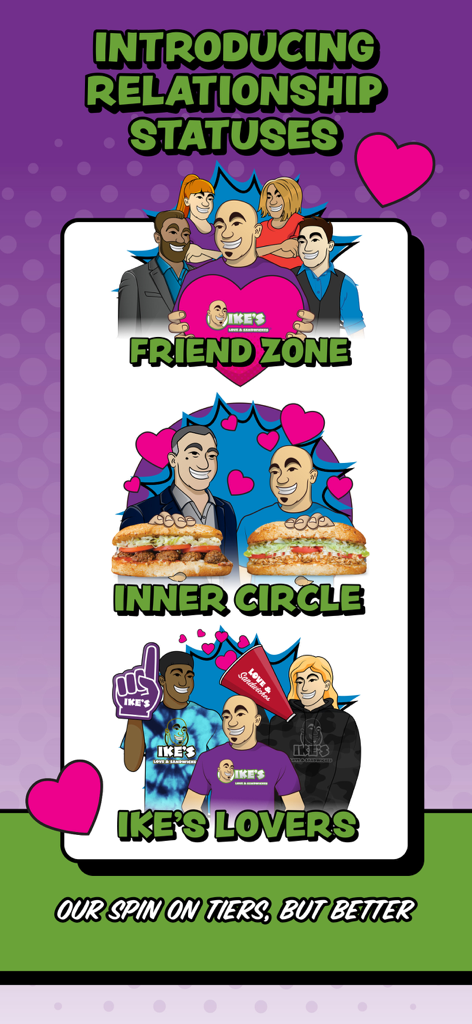 Ikes Love Rewards app screen displaying relationship status loyalty tiers including Friendzone Inner Circle and Ikes Lovers