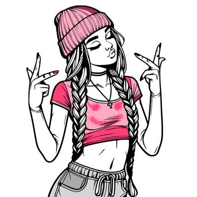 realistic teenage girl with braids and a beanie and crop top doing 🫶🏼
