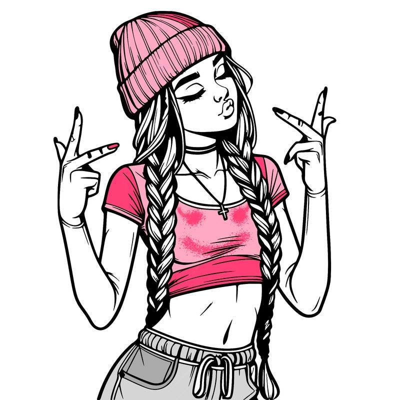 realistic teenage girl with braids and a beanie and crop top doing 🫶🏼