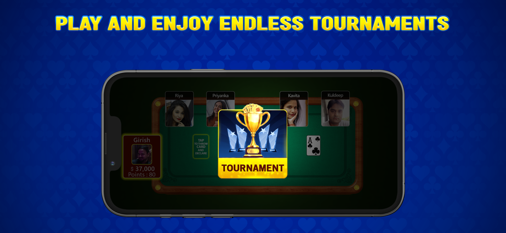 Octro Indian Rummy - A mobile phone displaying a tournament game in the Octro Indian Rummy app with multiple players and a golden trophy