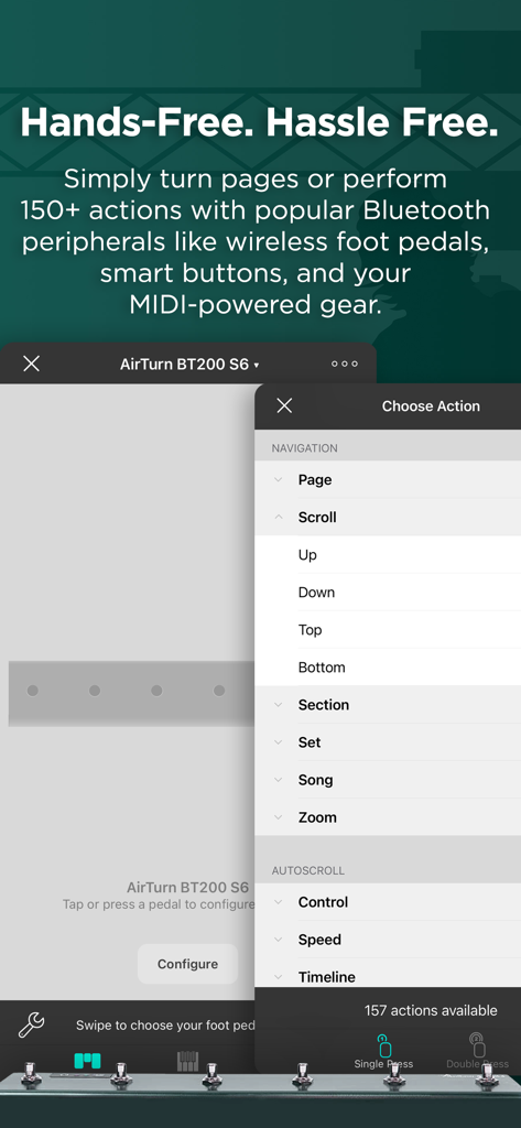 Interface of OnSong 2026 showing the setup for Bluetooth foot pedals and hands-free navigation actions for musicians.