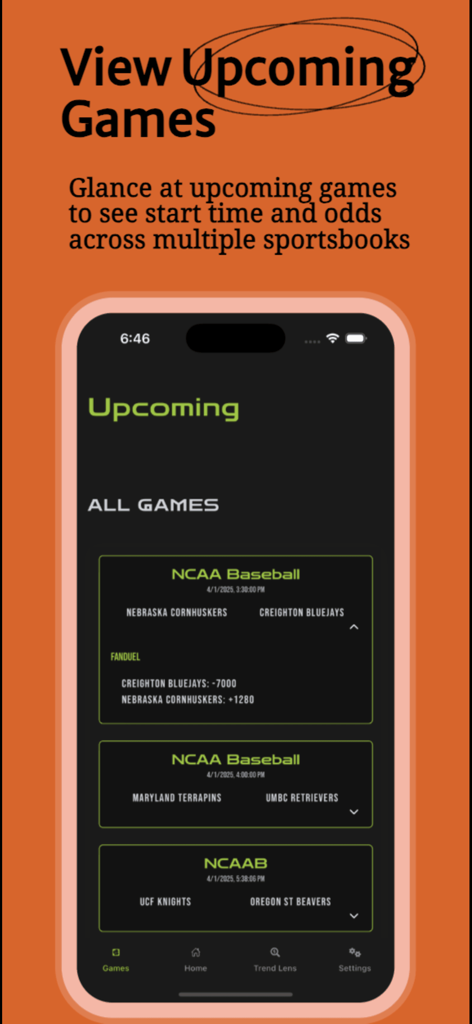 Bet IQ: Smarter Sports Betting - Bet IQ app interface showing upcoming NCAA baseball games with start times and betting odds