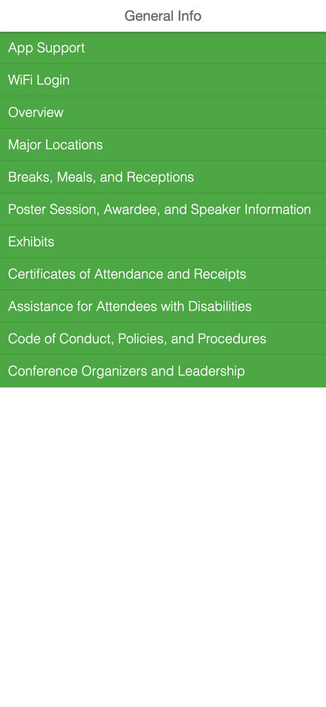 AACR Meetings - General Info menu screen of the AACR Meetings app showing conference logistics options