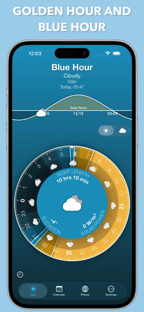 Sunrise Sunset Widget - Interface do aplicativo Widget de Nascer e Pôr do Sol mostrando o tempo da hora azul e o disco interativo do ciclo solar.