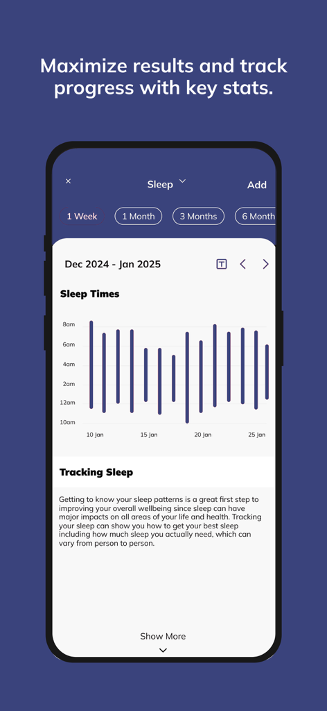 Sphere Fitness App - Una captura de pantalla de la aplicación Sphere Fitness que muestra un gráfico de barras de los tiempos de sueño e información sobre los patrones de sueño