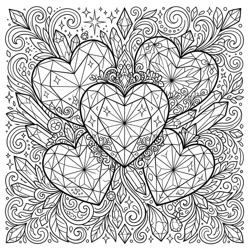 Discover the beauty of faceted gemstones with this enchanting Crystal Hearts coloring page. Featuring intricate details and delicate patterns, it's a perfect blend of romance and sparkle for your creative escape.