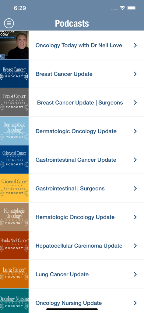 Ein Menü von Onkologie-Podcasts, organisiert nach Tumortyp, in der mobilen Anwendung Research To Practice