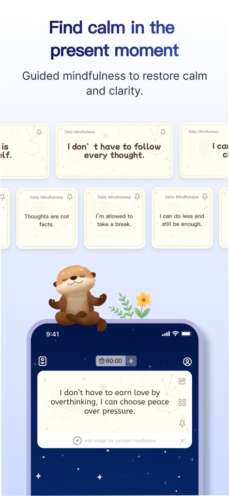 轻舟 Moor - AI Emotional support - 귀여운 명상하는 수달 캐릭터와 함께 매일의 마음챙김 확언을 표시하는 무어 AI 앱 인터페이스.