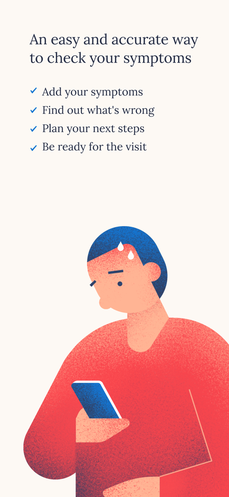 Una ilustración de una persona usando la aplicación Symptomate para verificar sus síntomas de salud en un smartphone