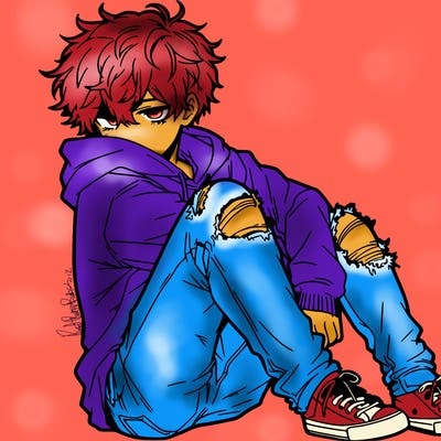 a male hoddie ripped jeans messy hair anime