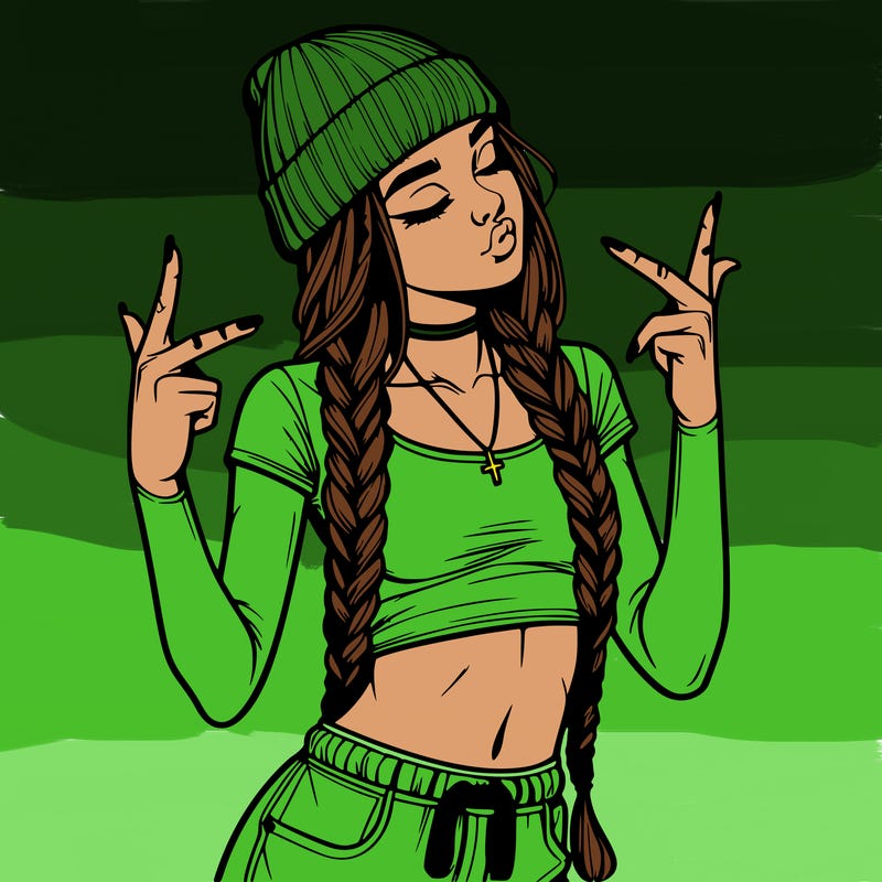 realistic teenage girl with braids and a beanie and crop top doing 🫶🏼