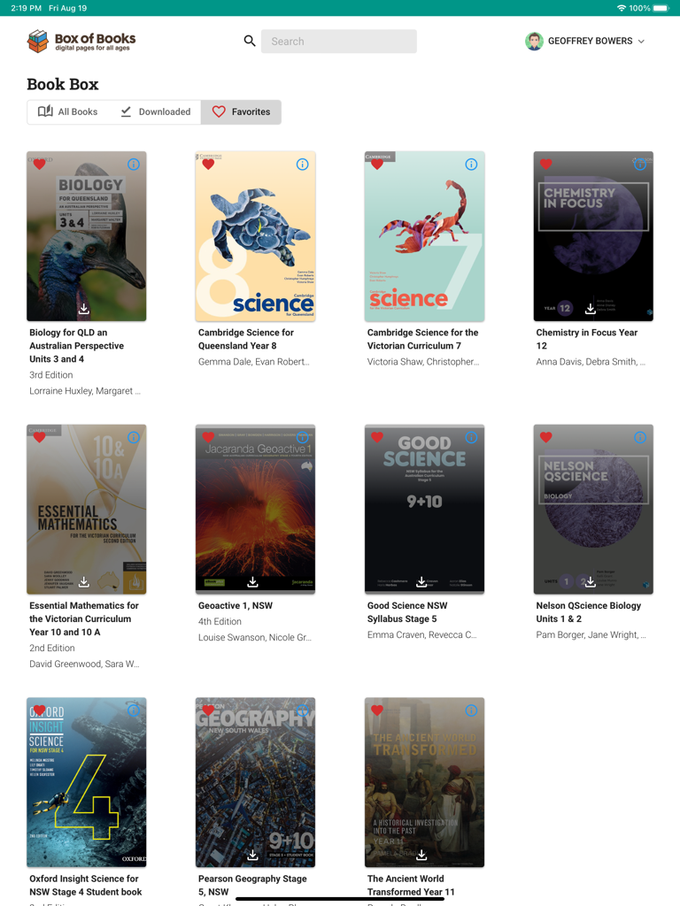 Box of Books Reader - Digital bookshelf in the Box of Books Reader app showing science and math textbooks
