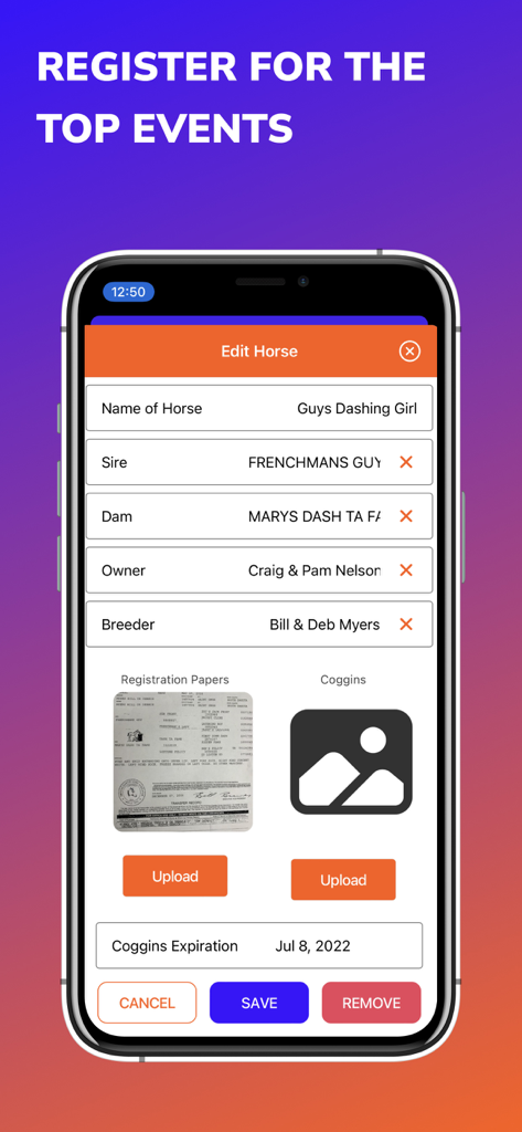 Mobile app screen for editing horse details including lineage and registration papers in NextGenRodeo