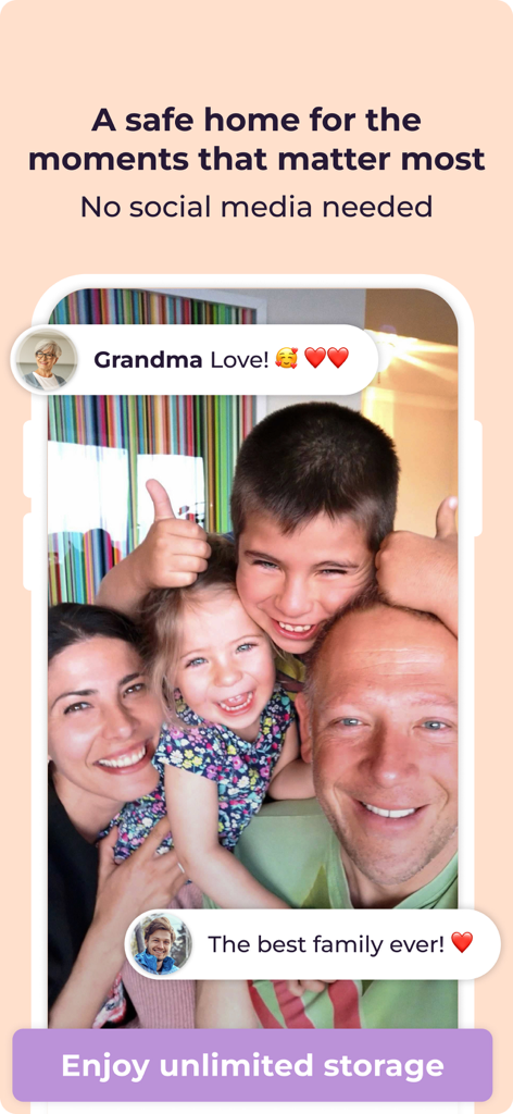 Firsties: Family Photo Sharing - Firsties app interface displaying a happy family photo with private comments from family members and a call to action for unlimited storage.