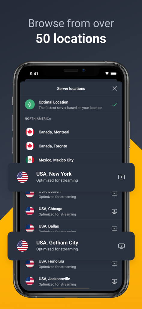 AVG Secure VPN & Proxy server - Interfaccia AVG Secure VPN che mostra le posizioni dei server in Nord America ottimizzate per lo streaming