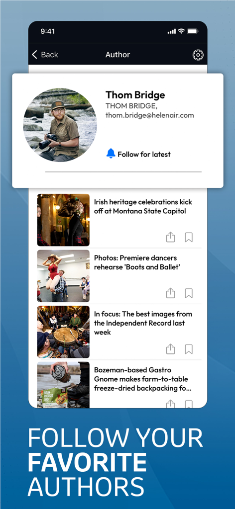 Helena Independent Record - A screenshot of the Helena Independent Record app showing an author profile and the option to follow them for news updates.
