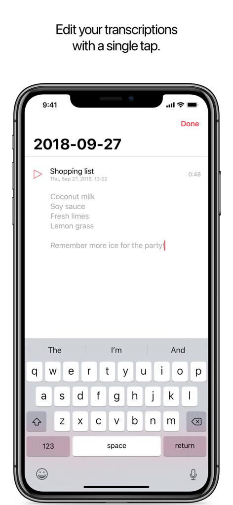 Just Press Record - Just Press Record iPhone interface showing a transcribed shopping list being edited with the keyboard