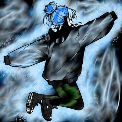 realistic girl jumping with a bun and oversized sweatshirt