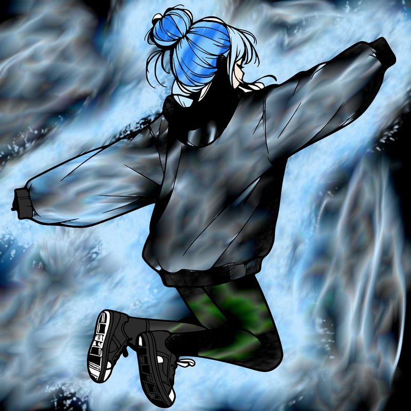 realistic girl jumping with a bun and oversized sweatshirt