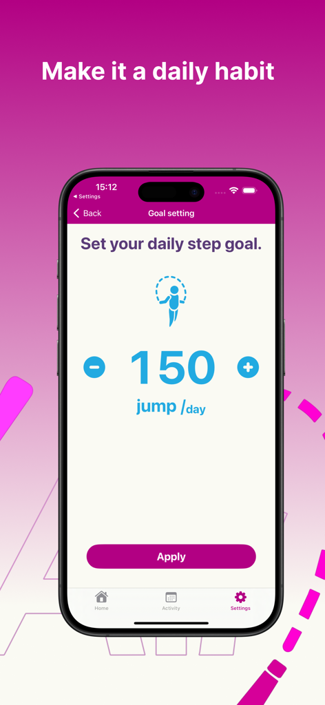 Interface of the Air Jump Rope app showing the daily jump goal setting screen with a target of 150 jumps