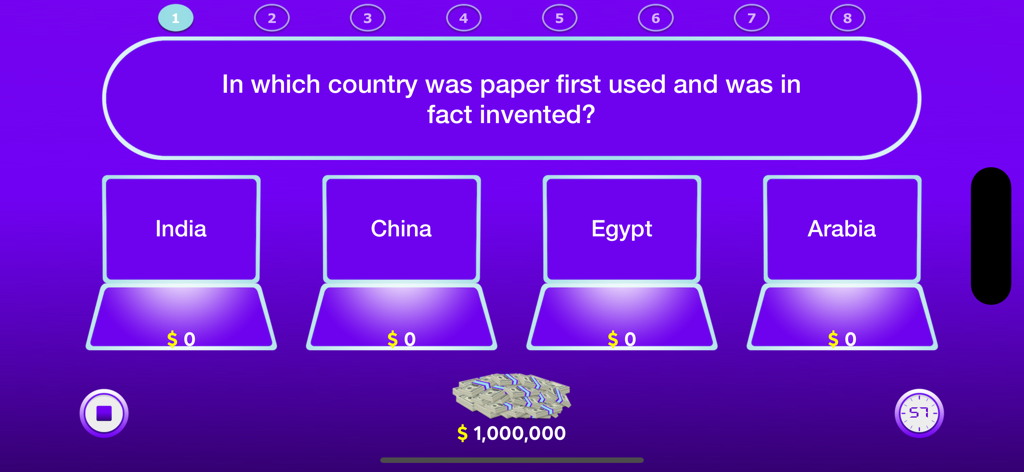 World Quiz : Family Game - A screenshot of the World Quiz mobile game showing a history question with four multiple choice options on a purple background