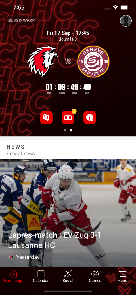 Lausanne HC - Homepage dell'app ufficiale Lausanne HC con conto alla rovescia per la partita e ultime notizie sull'hockey