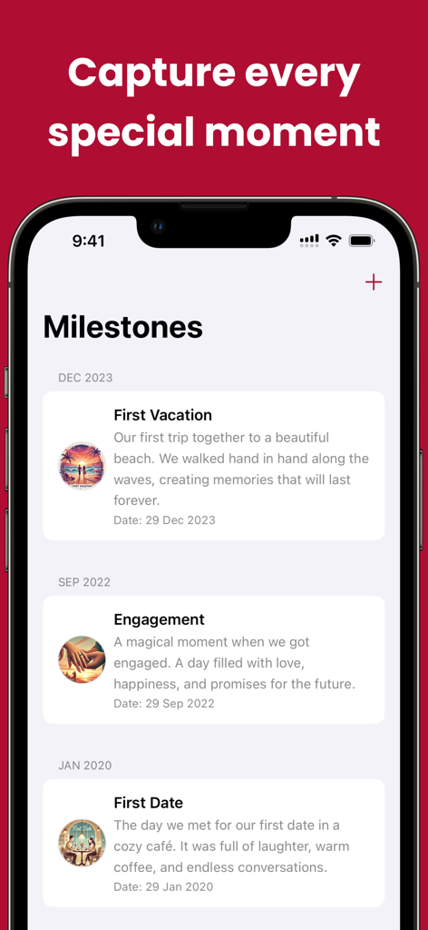 Screenshot des Meilenstein-Bildschirms in der Beziehungs-Tracker-App, der Karten für ein erstes Date, eine Verlobung und den ersten Urlaub zeigt.