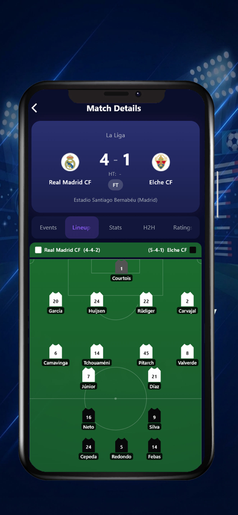 SportzFy app screenshot showing the soccer lineup and player formations for a Real Madrid versus Elche match