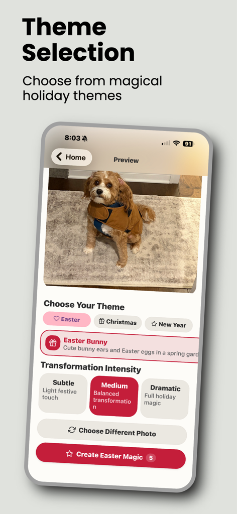 Easter Paws AI - App-Bildschirm für Easter Paws AI, der Themenauswahloptionen für Ostern, Weihnachten und Neujahr mit Intensitätseinstellungen für die KI-Fotoverwandlung zeigt.