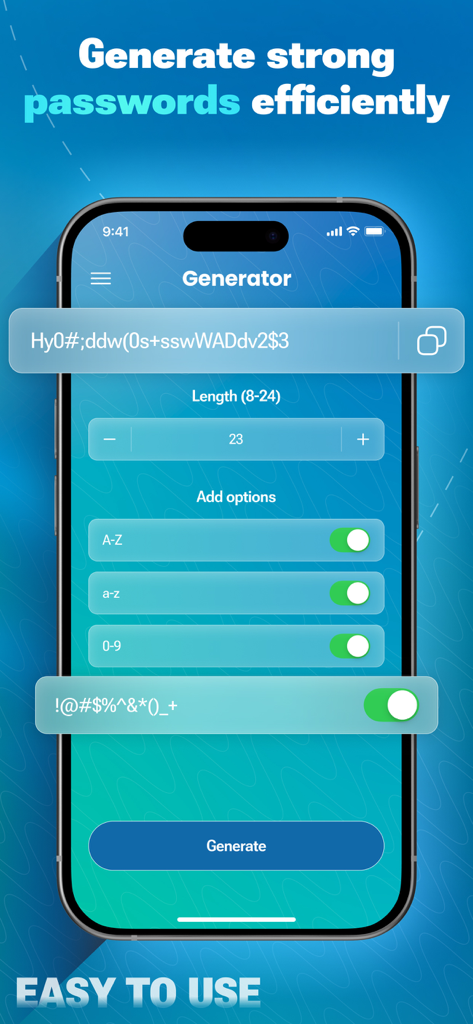 Kepttor app password generator interface with customization options