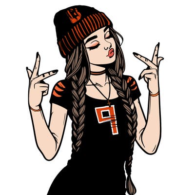 realistic teenage girl with braids and a beanie and crop top doing 🫶🏼