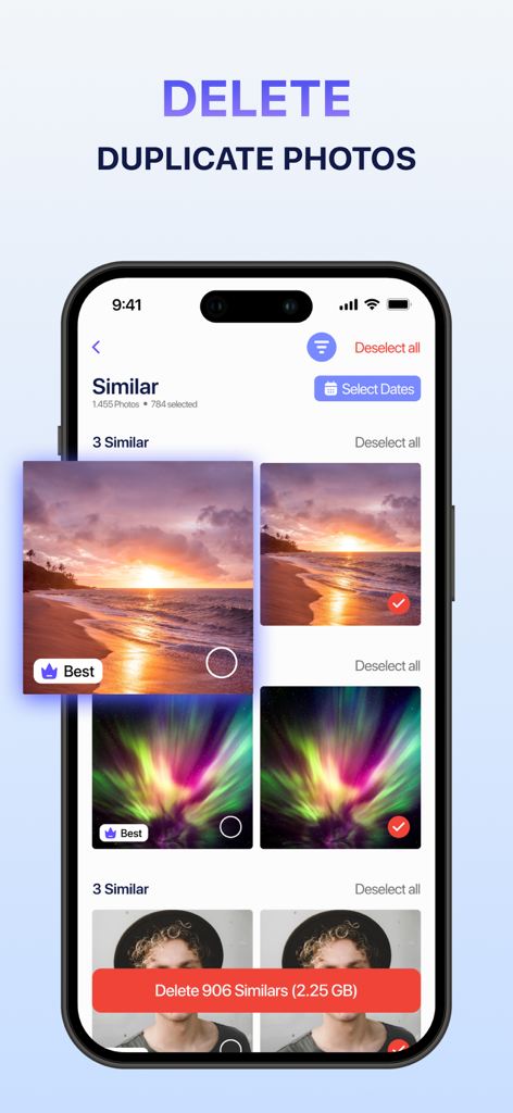 Interface of the Clean Up Phone Storage Tool showing similar photos being identified for deletion to save 2.25 GB of storage space