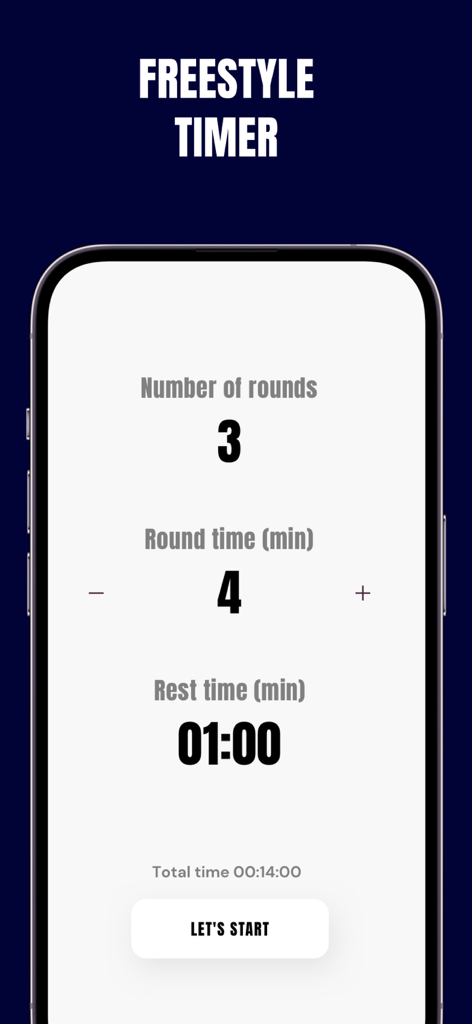 PunchLab: Boxing Workout - Boxing workout freestyle timer setup screen in the PunchLab app showing round and rest time settings