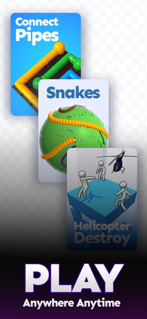 No internet games - A display of various offline games like Snakes and Connect Pipes with the text Play Anywhere Anytime