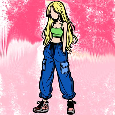 girl in baggy pants crop top and long hair