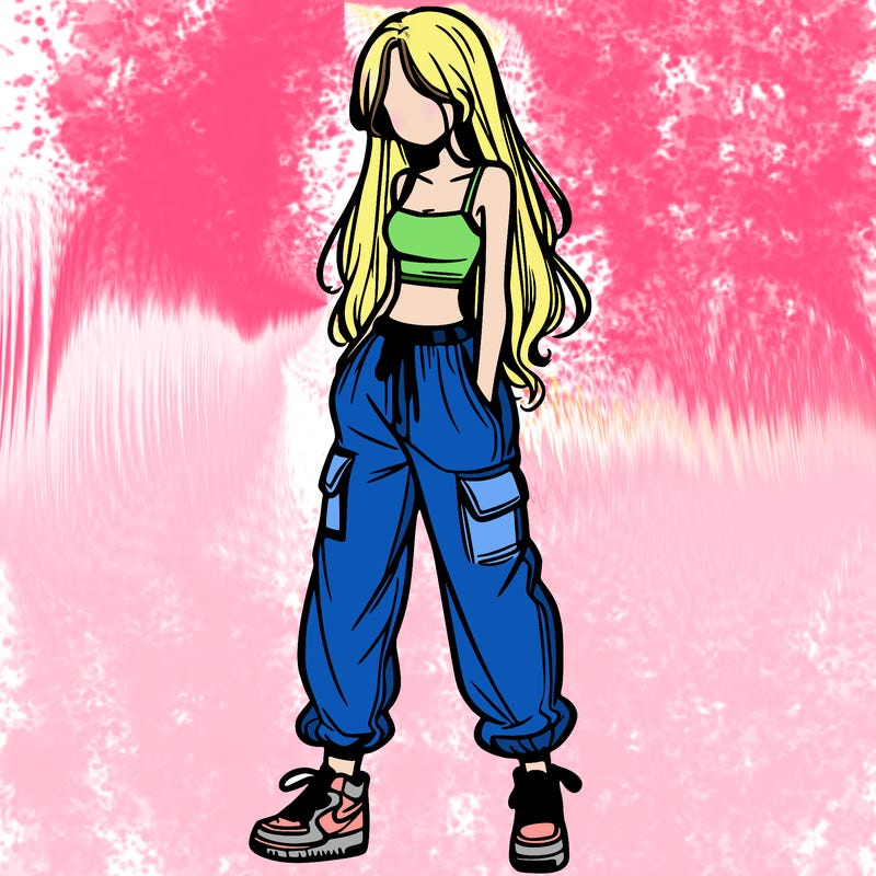 girl in baggy pants crop top and long hair